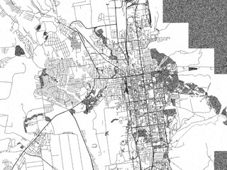 Naklejka premium Minimal poster-style map of Yuzhno-Sakhalinsk, Russian Federation, hand-drawn in monochrome.