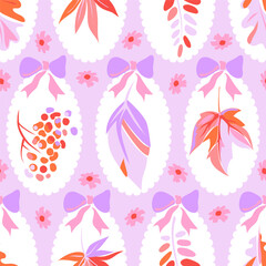 Autumn pattern with colorful leaves, berries, flowers and bows on a lilac background. Maple leaves, acacia, oak, rowan berries in white ovals. Pink, purple and red colors. Cute vector pattern.