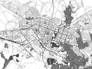Black and white cartographic illustration of Yoshkar-Ola, Russian Federation, in hand-drawn sketch form.