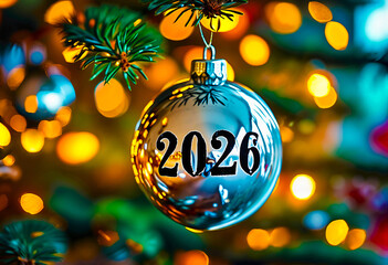 Fototapeta premium Silver Christmas Bauble with 2026 Number. Black and Silver Holiday Ball for 2026. Elegant Metallic Ornament for New Year. 2026 Christmas Decoration in Black Tones.