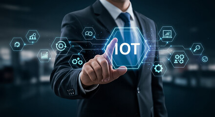 "Business professional hand holding glowing digital iot text symbolizing internet of things technology connectivity and modern network innovation"