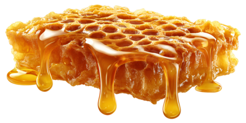 Closeup of golden honeycomb dripping with honey, showcasing natural sweetness and organic texture Concept of healthy food, beekeeping, and natural sweetener