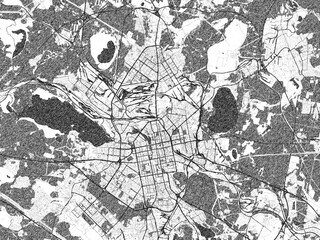 Decorative monochrome illustration of Yekaterinburg, Russian Federation, showing its detailed grid.