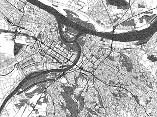 Naklejka premium Hand-drawn style black and white city map of Belgrade, Serbia, with detailed streets and textures.