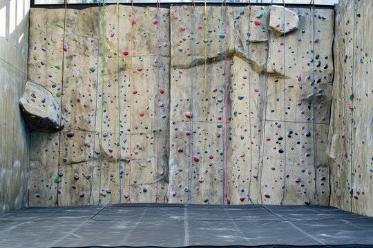 Indoor climbing wall with multiple routes for various skill levels in an urban setting