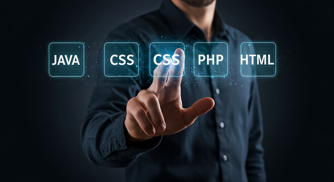"Business professional hand pointing programming language icons including css php html symbolizing coding software development and digital technology"