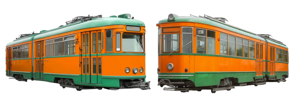 a vintage red and green train car, isolated on a white background. detailed, high-quality png photo cutout.
