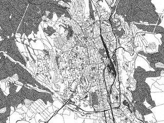 Fototapeta premium Minimal poster-style map of Kosice, Slovakia, hand-drawn in monochrome.