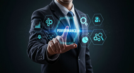 "Business professional hand showing glowing digital performance text symbolizing business growth progress achievement and modern corporate evaluation"