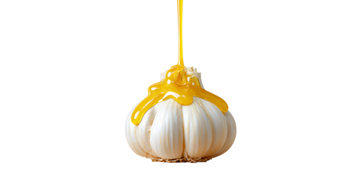 Raw garlic bulb drizzled with golden honey on black background Concept of natural medicine, alternative remedy, and healthy eating