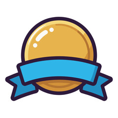A golden circular badge with a blue ribbon, a vector icon representing a prize, award, and recognition.