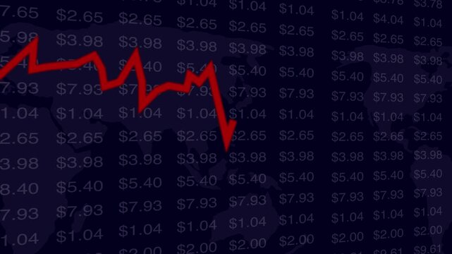 Dramatic stock market crash chart with falling prices. Digital display of a falling stock market candlestick charts and downward arrows animation
