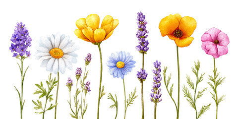 Watercolor illustration of colorful wildflowers including lavender, daisy, poppy, and cornflower on a black background Concept of spring, summer, floral design, and botanical art