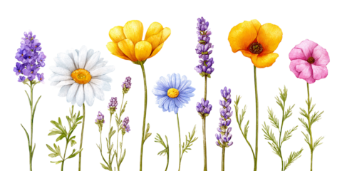 Watercolor illustration of colorful wildflowers including lavender, daisy, poppy, and cornflower on a black background Concept of spring, summer, floral design, and botanical art