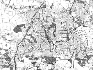 Poster-ready black and white illustration map of Donetsk, Ukraine, detailed and artistic.