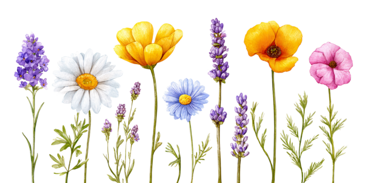 Watercolor illustration of colorful wildflowers including lavender, daisy, poppy, and cornflower on a black background Concept of spring, summer, floral design, and botanical art