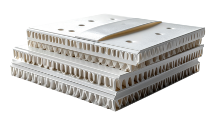 Stacked white panels with intricate patterns