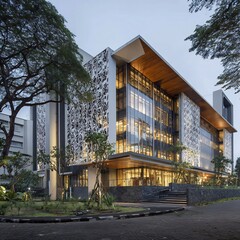 Obraz premium Contemporary building with patterned screen facade and glass windows illuminated at dusk, featuring elegant exterior architecture and lush landscaping.