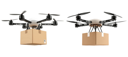 drone carrying a delivery box, isolated on a white background. detailed photograph, png format.