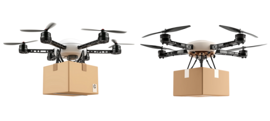 drone carrying a delivery box, isolated on a white background. detailed photograph, png format.