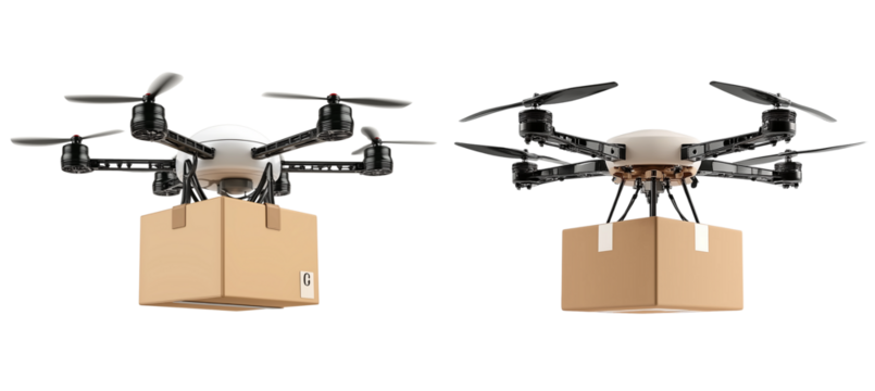 drone carrying a delivery box, isolated on a white background. detailed photograph, png format.