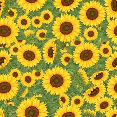 Obraz premium A vibrant, detailed illustration showcases a rich array of sunflowers, set against a backdrop of lush green foliage.