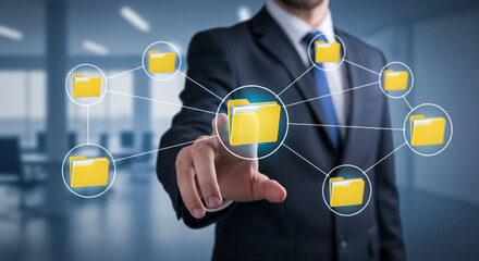 "Professional holding glowing digital folder icons representing data management cloud storage information system and modern technology concept"