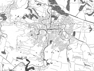 Stylized black and white urban map of Khrustalnyi, Ukraine, hand-drawn for decor and creative use.