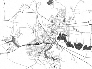 Naklejka premium Decorative black and white map of Konotop, Ukraine, rendered in sketch-like style.