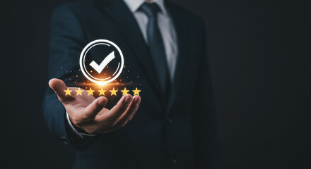 "Business professional holding glowing digital check mark with stars symbolizing quality assurance approval success and performance evaluation"