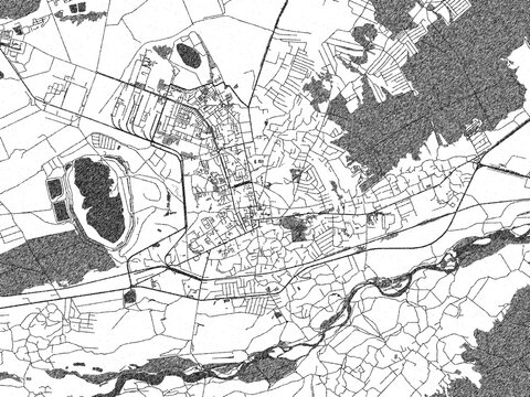 Artistic monochrome city map of Kalush, Ukraine, created in a hand-drawn style.
