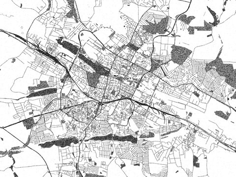 Hand-drawn black and white city map of Khmelnytskyi, Ukraine, ready for wall art or editorial projects.