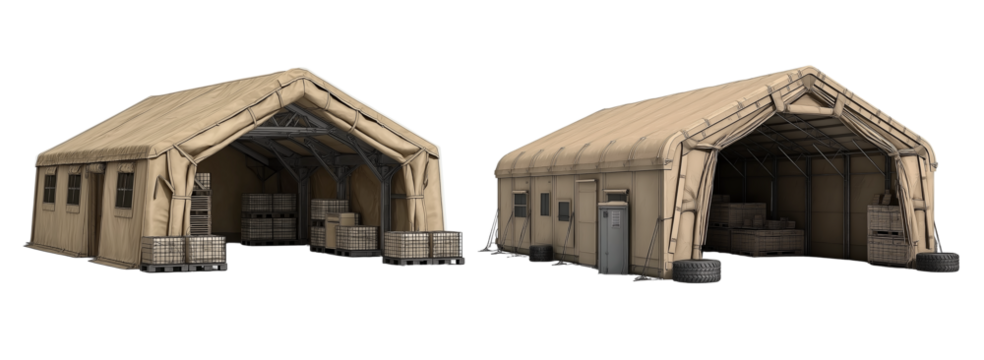 military hangar with military supplies inside, a beige-colored tarp roof, 3d rendering illustration isolated on a white background.