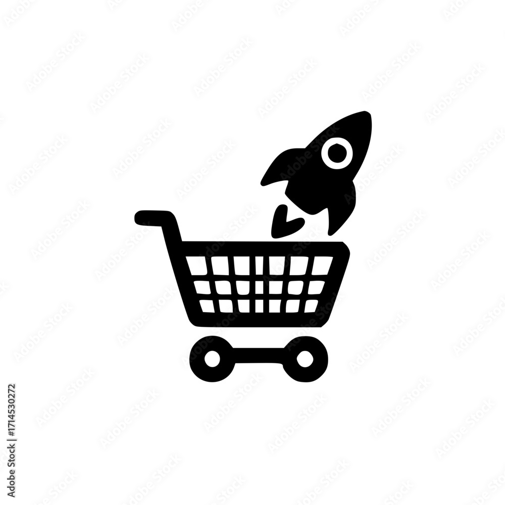 Poster rocket launch icon with shopping cart vector used for ecommerce startup and marketing themes