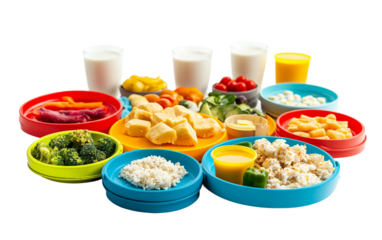 Mini iftar table with children enjoying traditional foods served on colorful plates during festive Ramadan evening meal isolated on transparent background PNG