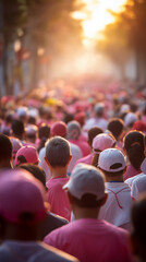 Large crowd of people wearing pink shirts and caps walking at sunset.  

