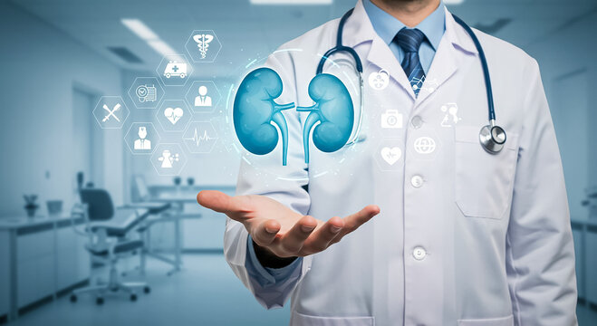 "Medical professional presenting glowing kidney hologram symbolizing nephrology urinary system health diagnostics and modern healthcare innovation"