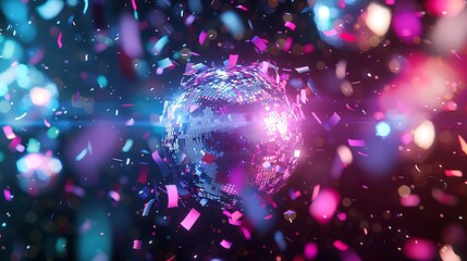 Sparkling Disco Ball Surrounded by Colorful Confetti and Bright Lights in a Festive Party Atmosphere