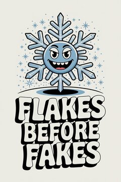 Cartoon Snowflake with Mischievous Grin Above "Flakes Before Fak
