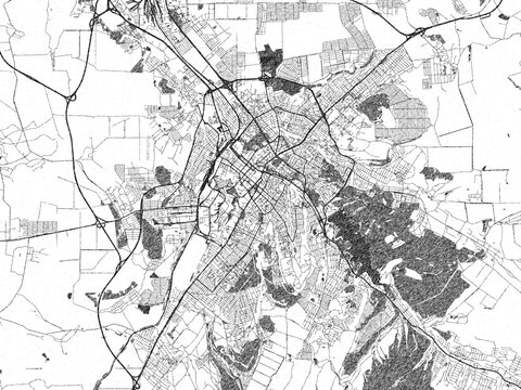 Stylized decorative city map of Simferopol, Ukraine, hand-drawn in black and white.
