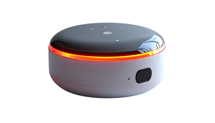 A round, white smart speaker with a glowing orange ring