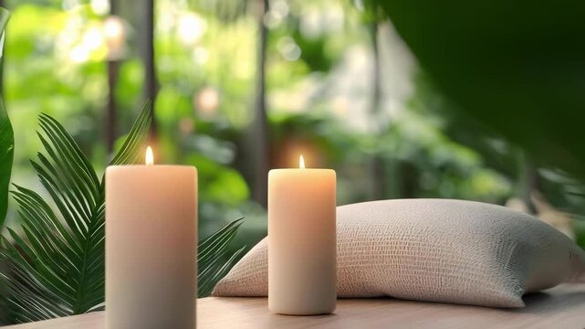 Two lit pillar candles on a wooden surface in a tranquil spa setting with a pillow and lush green plants in the background.