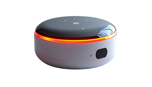 A round, white smart speaker with a glowing orange ring