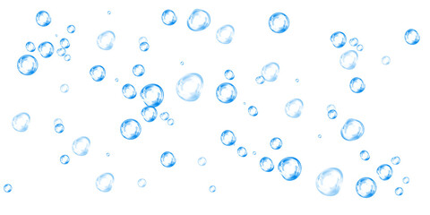 Blue soap bubbles, liquid sphere, foam freshness, underwater floating, vibrant dew, abstract shine, washing concept.