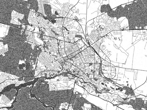 Minimalist monochrome city map of Zhytomyr, Ukraine, illustrated with urban detail.
