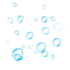 Set of realistic blue soap bubbles in various sizes. Bubbles are located on a transparent background. Water glass bubble realistic