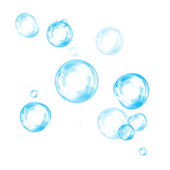 Blue soap bubbles, liquid sphere, foam freshness, underwater floating, vibrant dew, abstract shine, washing concept.
