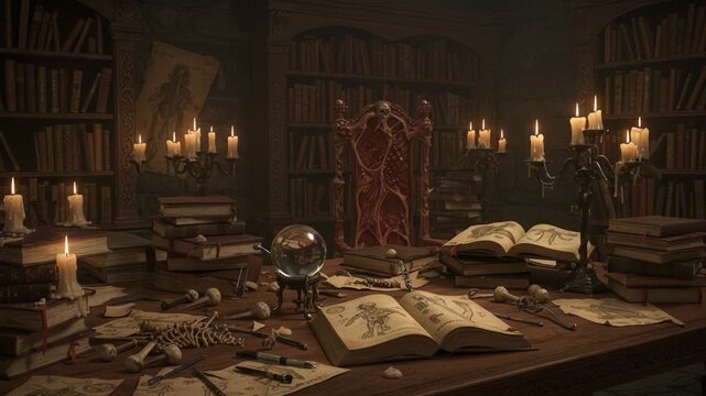 Intricate Setup of an Arcane Study Room Filled with Candles, Ancient Books, and Mystical Artifacts, Evoking a Sense of Mystery and Discovery