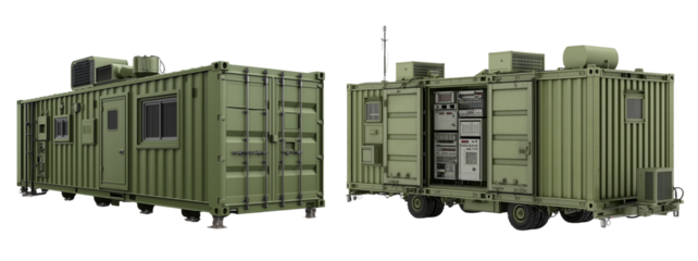 green military container with an open door and doors on the sides, containing electronic equipment inside