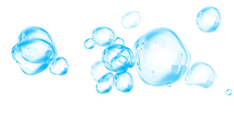 Blue soap bubbles, liquid sphere, foam freshness, underwater floating, vibrant dew, abstract shine, washing concept.